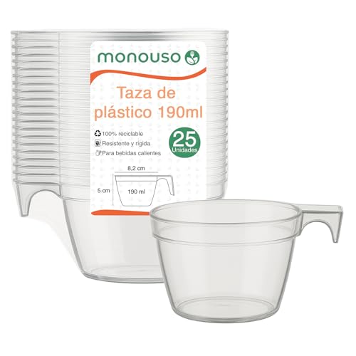 Monouso | 25 Tazas de Plástico Reutilizables, PS, 190ml, Color Transparente, Ideales para Café y Té, Apta para Bebidas Frías y Calientes, Apta para Microondas, Desechable