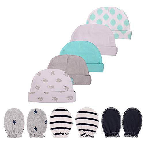 Image of Newborn Baby Soft Cotton Organic Cap and Mitten Set Sunny Hatsfor Hospital Baby Boy and Girl(0-6 Months)