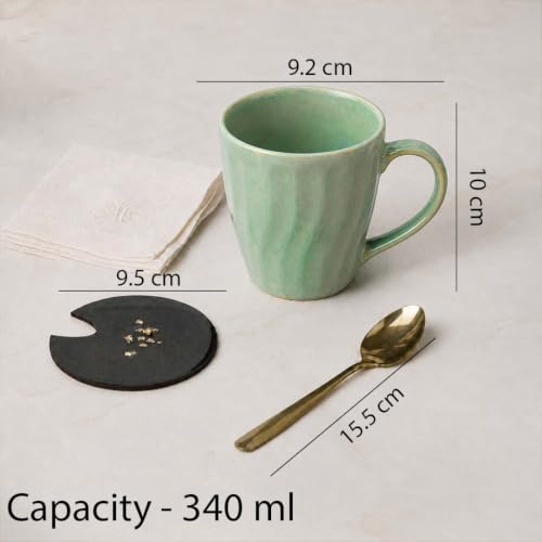 Image of The Earth Store Green Artisan Wave Coffee Mug with Lid and Spoon Set of 2 | 340ML Ceramic Coffee Mugs Set of 2 | Resin Art Wooden Lid & Golden Spoon | Premium Coffee Mugs for Gift