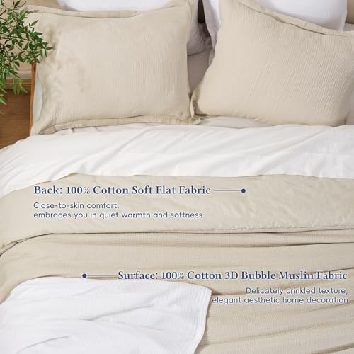 Image of David's Home Cotton Muslin Comforter Set, Queen Size Ultra‑Soft Breathable Summer Bedding, 3Pcs Lightweight 100% Cotton Cover with Polyester Fill, 1 Linen‑Like Comforter & 2 Pillow Shams, Natural