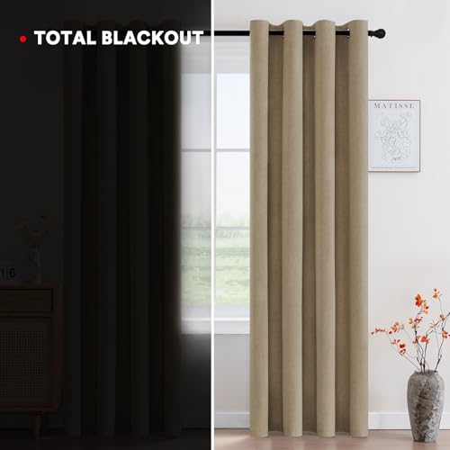 Image of PrinceDeco Linen Blackout Curtains 90 Inch Length Room Darkening Curtains with Natural Slubs & Grayish (Not Solid) Black Out Curtains for Bedroom Full Light Blocking Drapes - Heathered Macchiato