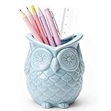 ComSaf Ceramic Pen holder, Owl Shaped Pencil holder for Desk, Unique Owl Gifts Office Desk Accessories, Cute Home Decor, Blue Pencil Cup Pen Organizers for Home, School, Office Decorations, Pack of 1