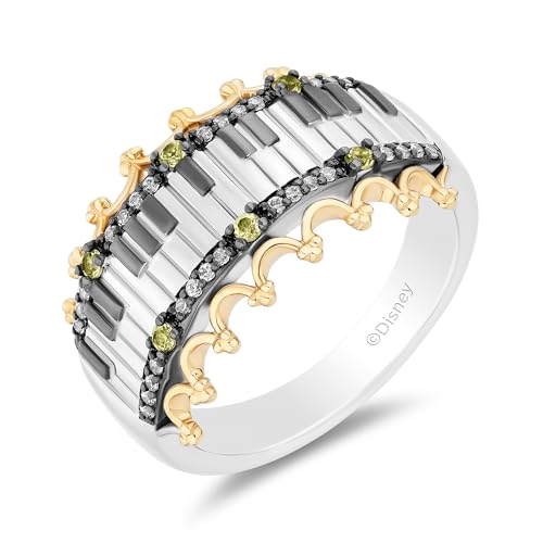 Jewelili Enchanted Disney Fine Jewelry 'Princess and Frog Anniversary' Special Black Rhodium Over Sterling Silver and 10K Yellow Gold with 1/8 CTTW Diamonds and Peridot Princess and the Frog 15th Anniversary Tiana Ring