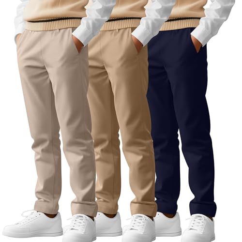 LessonZoo 3 Pack Boys' School Uniform Pants 6-14Y Elastic Waist Stretch Youth Trousers with Pockets Straight Fit for Kids(13-14 Years,Light Khaki, Khaki, Navy Blue)