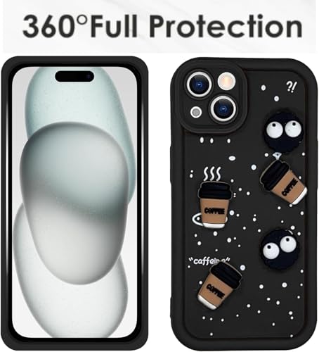 Image of GoldKart Back Case Cover Compatible for iPhone 15 | Cute Fun Cartoon 3D Ball Coffee Silicone Case | Full Body Protection Back Cover for iPhone 15 - Black