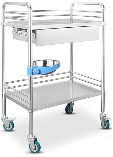 Generic - Medical Cart with 2 Shelves and Drawer, Stainless Steel Mobile Utility Cart for Laboratory, Hospital, Dental, and Salon Use