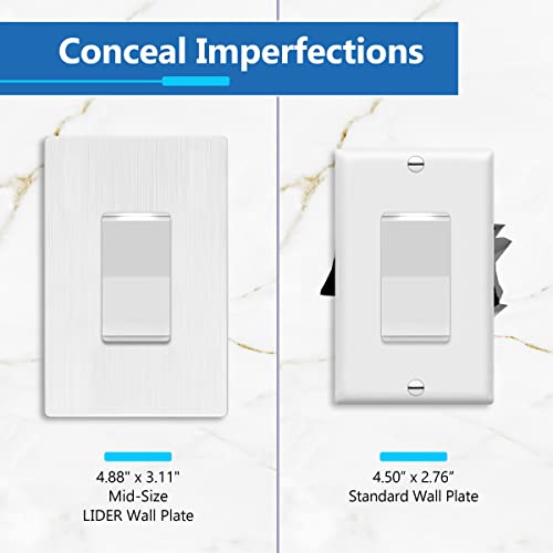 Image of LIDER Decorator Switch Cover, Screwless Wall Plate, Mid-Size 1-Gang 4.88 inch x 3.11 inch, LSWP-31M-BW10P, UL Listed, Thermoplastic, Brushed White, 10-Pack