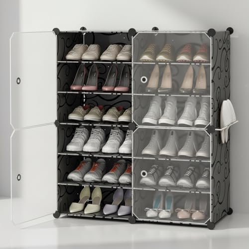 Image of Sunderlook Shoe Rack Plastic for Home- Slipper Stand, Professional Shoe Stand, Chappal Stand, Multipurpose Foldable Standing Comfort Runner Shoe Rack with Door (Black, 12 Shelf 4 Door)