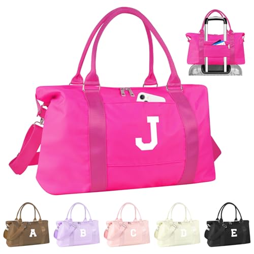 Dance Gym Duffel Bag Gifts for Girls Teen,Personalized Initial Travel Weekender Bag Cute Overnight Carry On Cheer Dance Duffle Bagfor Women,Sports Travel Monogram Birthday Christmas Gifts(Hot Pink, J)