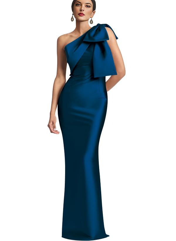Image of IIF One Shoulder Bow Prom Dress for Women Mermaid Satin Formal Dresses Long Bodycon Evening Cocktail Gowns IIF043