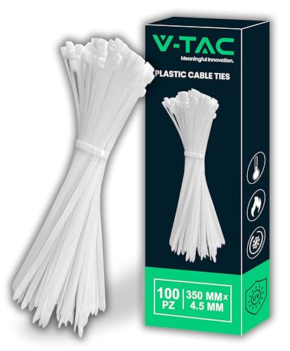 V-TAC Fascette per Cavi in Plastica Bianche misura 4.5 mm x 350 mm - Confezione 100 Pezzi - Fascette per Cablaggio Multiuso - Stringicavo Fermacavi Elettricista, Meccanico, Giardinaggio - Bianco