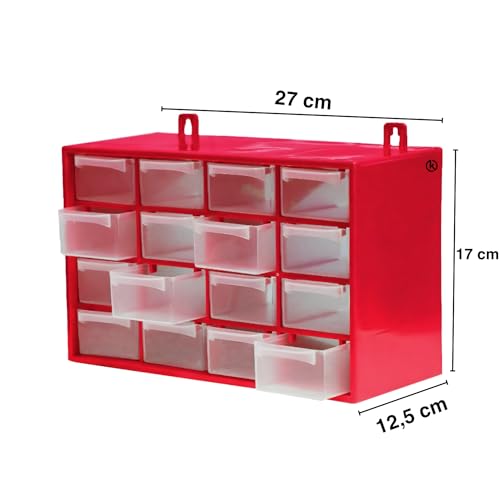Miniatura 2 de Krown - Clasificador Modular De Pared Apilable, 27 X 17 X 12,5 Cm, 16 Cajones, Almacenamiento De Pequeñas Herramientas, Tornillos, Marco De Polipropileno, Cajones Transparentes Rojo