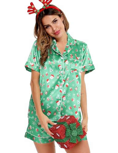Image of LecGee Womens Silk Satin Pajamas Short Sleeve Loungewear Two-Piece Sleepwear Button-Down Pj Set