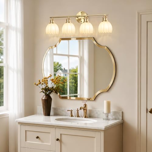 Image of Bathroom Light Fixtures, 4-Light Brushed Gold Vanity Lights for Bathroom with White Tulip Glass Shade, 26 inch Vintage Bathroom Vanity Lighting Fixtures Over Mirror for Bedroom Living Room Hallway