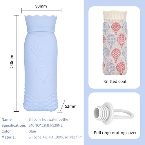 Microwave Heating Bottle Environmental Silicone Transparent Hot Water Bag with Knit Cover, Hot & Cold Therapies - Gift for Birthday, Christmas, Valentine\'s Day, Gift Exchange Party (Large, Blue)
