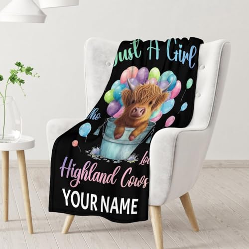 Personalized Highland Cow Blanket Gifts with Name - 40x50 Inches Cute Throw Blanket for Girls - Colorful Soft Fuzzy Blankets for Bed, Couch & Living Room