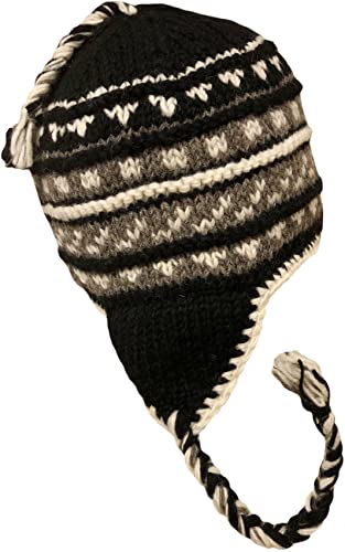 Nepal Hand Knit Sherpa Hat with Ear Flaps, Trapper Ski Heavy Wool Fleeced Lined Cap