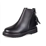 King Ma Women's Martin Boots Fashion Fringed Non-Slip Short Leather Boots Black