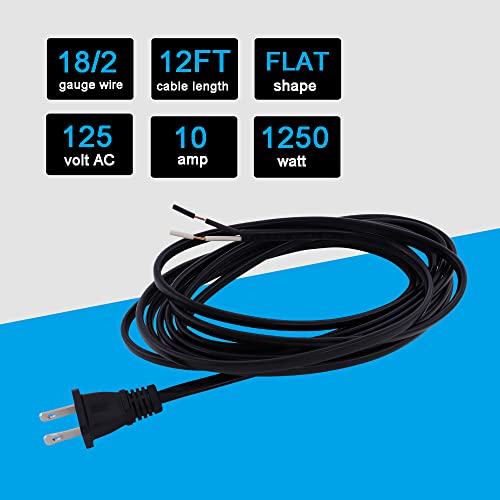 Replacement Power Cord 2 Prong 12Ft 18 Awg Power Cord Pigtail 18 Gauge Electrical Cord Open End 18Awg Open Wiring Cord 2 Wire Stripped Wire Plug Power Cable Polarized Nispt-2 Repair 120V Ac Cords #TOP2
