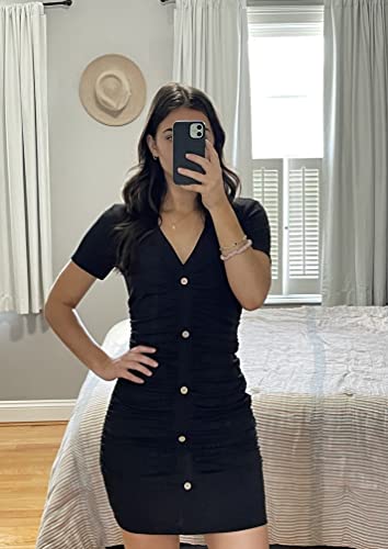 Beyove Women's Ruched Short Sleeve Sexy V Neck Bodycon Dress Pleated Stretchy Slim Fit Button Down 2023 Clubwear Party Black Xxl #TOP5