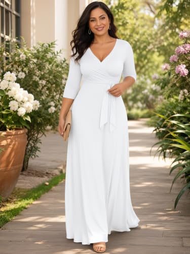 Image of Plus Size Maxi Dress for Women V Neck 3 /4 Sleeve Wrap Dress