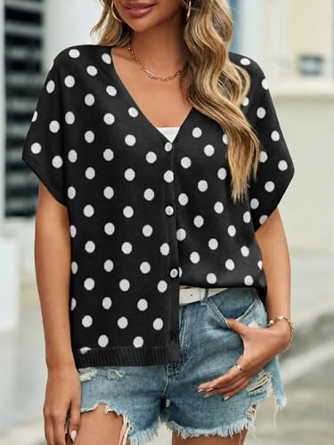 Image of Saodimallsu Womens Summer Oversized Cardigans Batwing Short Sleeve Lightweight Button V Neck Casual Knit Sweater Tops