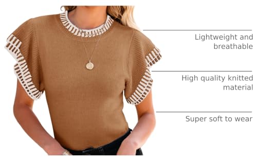 Image of Saodimallsu Womens Short Sleeve Sweater Summer Striped Top Soft Knit Shirts | Ruffle Sleeve,Loose,Crew Neck,Lightweight,Casual,Work,Spring,Womens Tops,Pullover,Fall