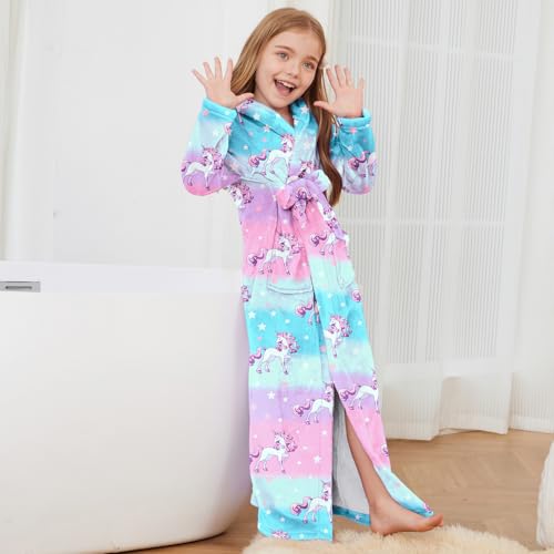 Image of Jxstar Girls Bathrobes Kids Long Hooded Robes Plush Full Length Coral Fleece Pajamas Sleepwear