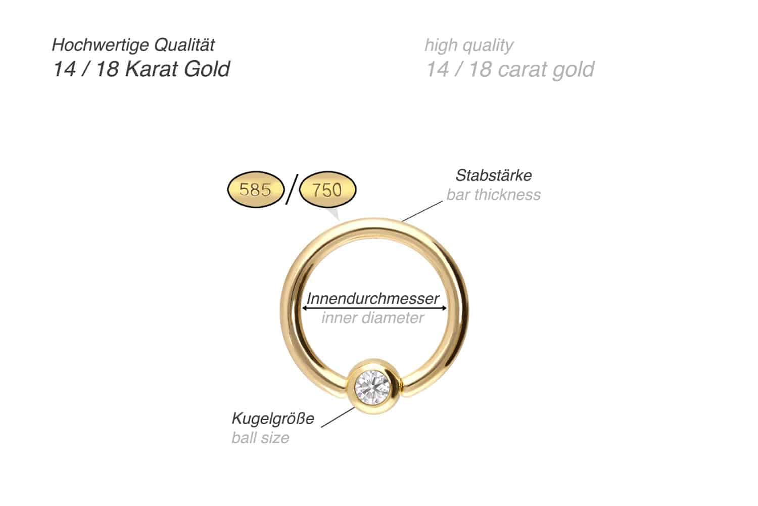 PIERCINGLINE 14K Gold Klemmkugelring MOISSANIT 585er Gold - Roségoldfarben, Goldfarben, Silberfarben