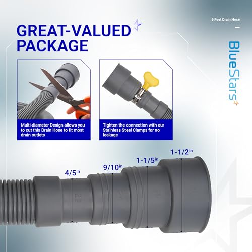 BlueStars-6-Feet-Universal-Dishwasher-Washing-Machine-Drain-Hose-Flexible-Corrugated-Washer-Drain-Hose-Dishwasher-Drain-Hose-Extension-Kit-with-1-Extension-Adapter-2-Clamps-1-U-Bend-Hose-Holder