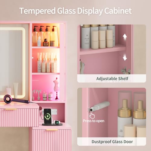 Image of Big Vanity Desk, Fluted Makeup Vanity with Mirror Lights, Pink Vanities