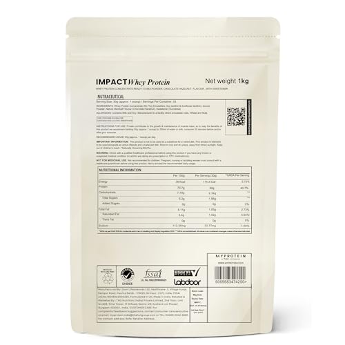 Image of Myprotein Impact Whey Protein 22 Gm Premium Whey Protein | 4.5g BCAA, 3.6g Glutamine Builds Lean Muscle & Aids Recovery |Keveners Chocolate Hazelnut | 01 KG |