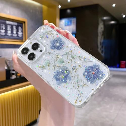 Coque transparente à paillettes iPhone 13 Pro Max antichoc fleurs bleues - 7