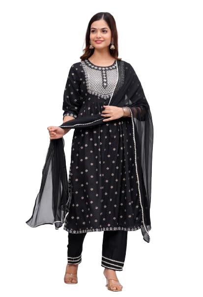 Image of SORIYA Elegant Women & Girls Rayon Embouridard Nayra Cut Kurta pant With Dupatta set