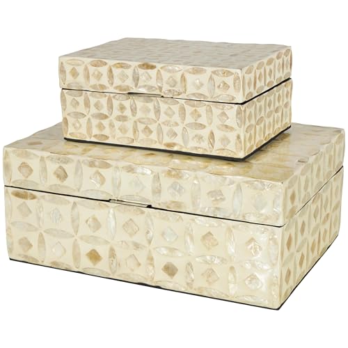 Deco 79 Mother of Pearl Shell Decorative Box Mosaic Storage Decorative Keepsake Boxes with Taupe Accents, Set of 2 Storage Boxes 12