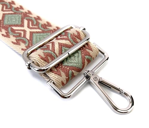 Image of Ivory Sage Green Boho Diamond Purse Strap with Silver Hardware 2 Inch Wide Replacement Crossbody Guitar Style Shoulder Strap for Handbags Totes