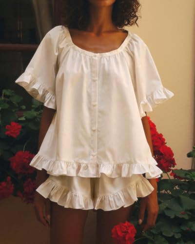 Image of Womens Ruffle Pajama Set Short Sleeve Button Down Top and Shorts | Cotton Ruffle Pajamas Set, Ruffle Shorts Set Women, 2 Piece Shorts Set for Women