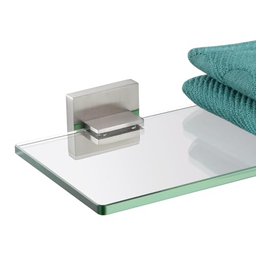 KOKOSIRI Wall Shelves Floating Bathroom Glass Shelf for Kitchen Storage, 16'' x 5.6'' Tempered Glass Wall Mounted Brushed Stainless Steel B1106BR-L16