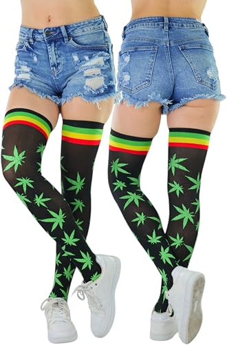 Image of ToBeInStyle Women's Thigh High Stockings Bodystocking Tights Medicinal Cannabis Marijuana Weed Leaf Print Festival Hosiery
