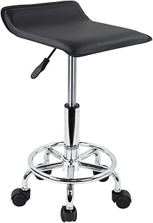 Stool with Wheels Square Height Adjustable Rolling Stool with Foot Rest PU Leather Seat Cushion Spa Drafting Salon Tattoo Work Swivel Office Stools Task Chair Small