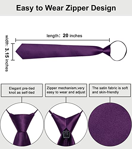 Image of YourTies Zipper Tie for Men Adjustable Pre-tied Satin Neckties and Pocket Square Set Solid Color Business Formal Wedding