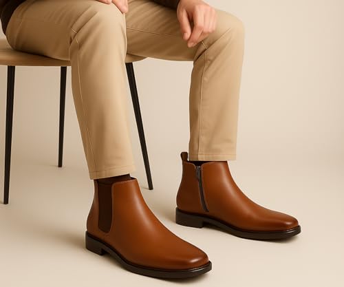 Image of Kraasa THE Ashford - Men's Stylish Vegan Leather Chelsea Boots with Side Zipper & Elastic Panel, Square Toe Ankle Boot (Tan /Black /Brown)