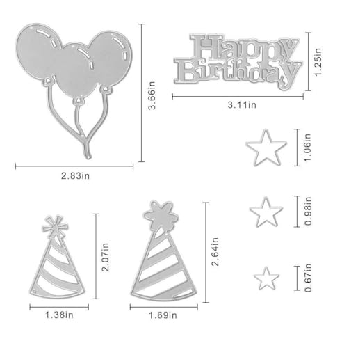 Metal Happy Birthday Cutting Dies, A Bundle of Balloons Two Hat Star Shape Set Birthday Party Decoration Die Cuts for Card Making Stencil Embossing Tool Scrapbooking DIY Etched Craft Dies