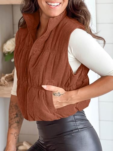 Tankaneo Womens Cropped Puffer Vest Corduroy Lightweight Sleeveless Padded Coat Zip Up Warm Outerwear3