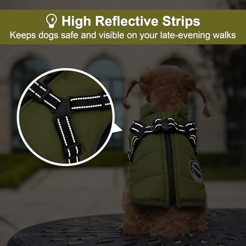 Aimydog Hundemantel Winter, Wärme Hundejacke Mit Brustgurt Gurt Winddichte mit bauchschutz, Haustier Outdoor Reflektierend Hundeweste mit Fleece Gefütterte für Kleine (Grün, S)