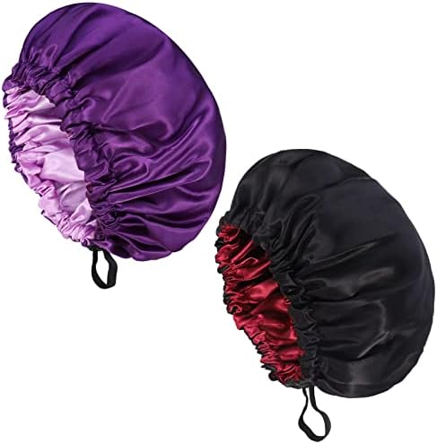 Fuyamp 2 Packs Satin Sleep Cap, Adjustable Silky Sleep Bonnet for Women Long Curly Hair, Double-Sided Waterproof Satin Hair Cap Extra Large Sleep Satin Bonnet for Women Sleeping(Black+Lake Green)