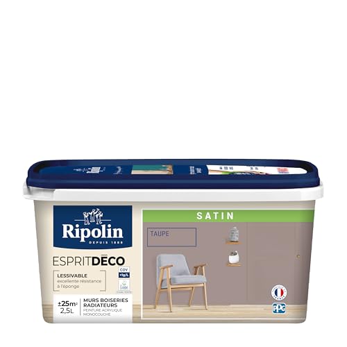 RIPOLIN - Peinture Intérieure Multi-Supports – Murs, Boiseries & Radiateurs – Ultra-Couvrante – Lessivable – Application Facile – Ecolabel - Satin - 2,5L -...