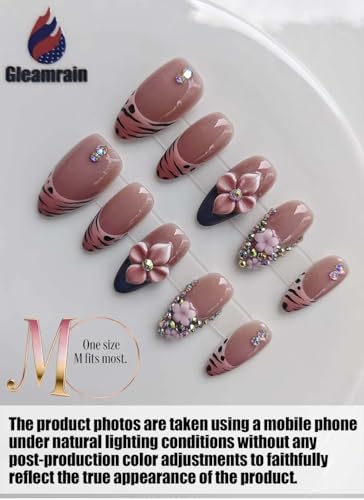 Gleamrain Almond Medium Handmade Press on Nails for Women, Handcrafted Floral Design Deep Nude Natural Press on Nails Thick Kit for Daily Use D314 — view 2
