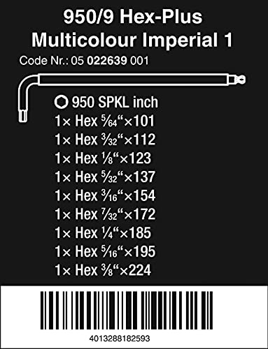 Wera 05022639001 L-Key-Set For 950 Spkl/9 Sz Imperial,Multi #TOP1