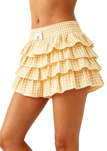 Image of Women Layered Gingham Shorts Cute Bloomers Plaid Shorts | Gingham Ruffle Shorts, Polka Dot Mini Bloomer Shorts, Micro Boyshorts, Tiered, Checkered, Lolita Outfits, Going Out